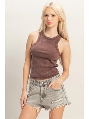 Chocolate Vintage Acid Wash Ribbed Racer Tank Top